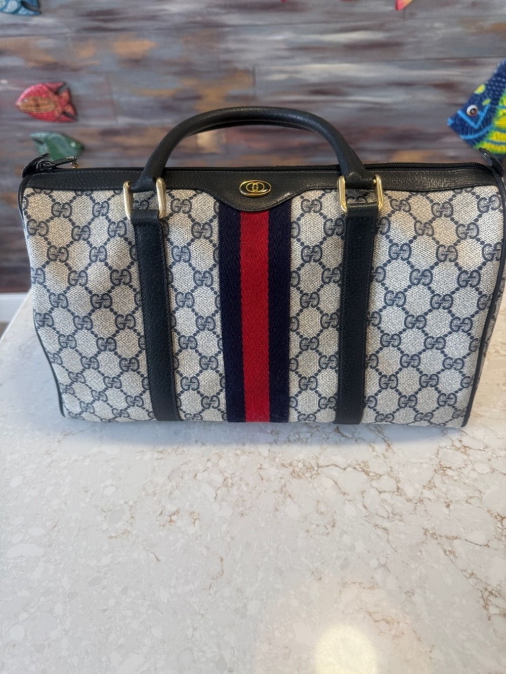 Gucci Navy and Red Monogram Top-Handle Carryall